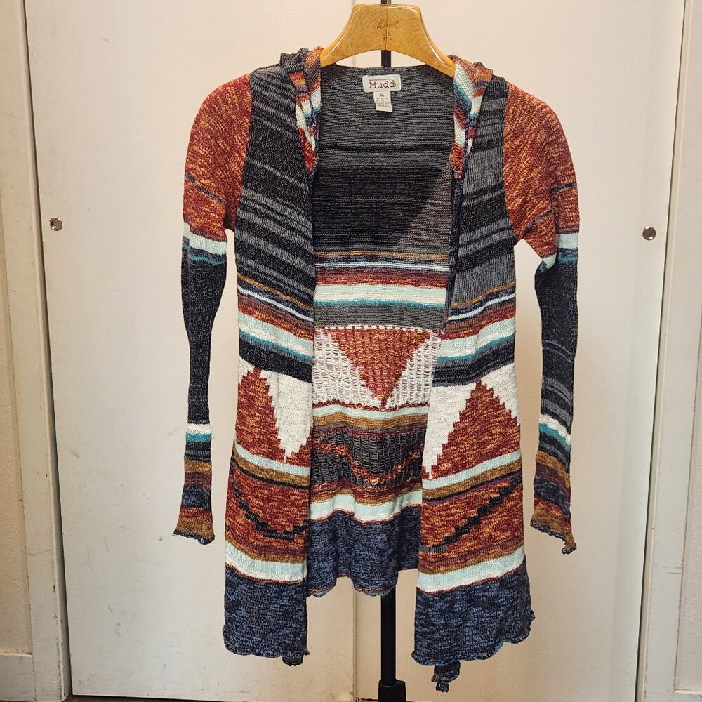 Mudd Southwestern Vibes Hooded Knit Cardigan Open Front Boho Cozy Fall‎ Layers